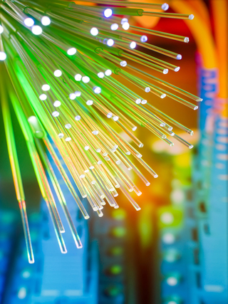 Fiber optics network cable on technology background
